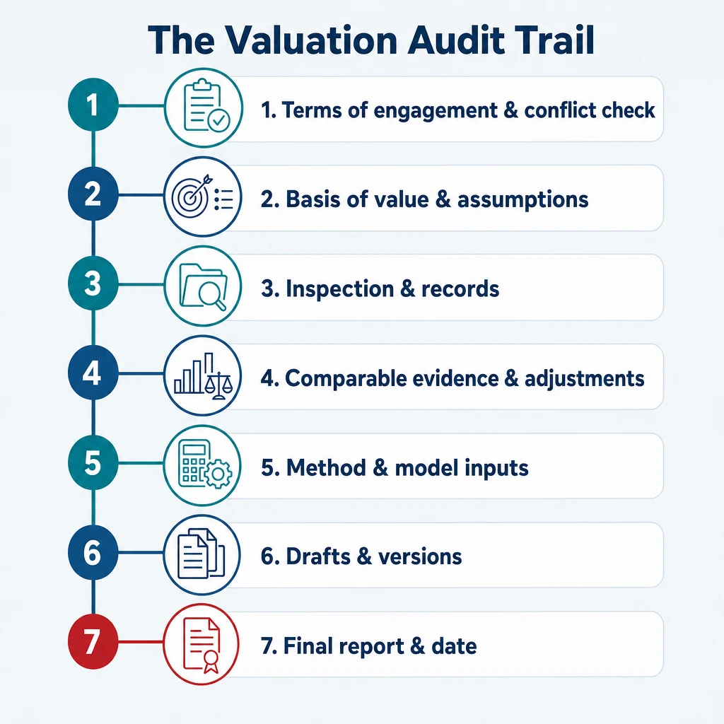 Infographic of the valuation audit trail as a spine running from engagement to report: terms of engagement and conflict check, basis of value and assumptions, inspection and records, comparable evidence and adjustments, method and model inputs, drafts and versions, final report with its date