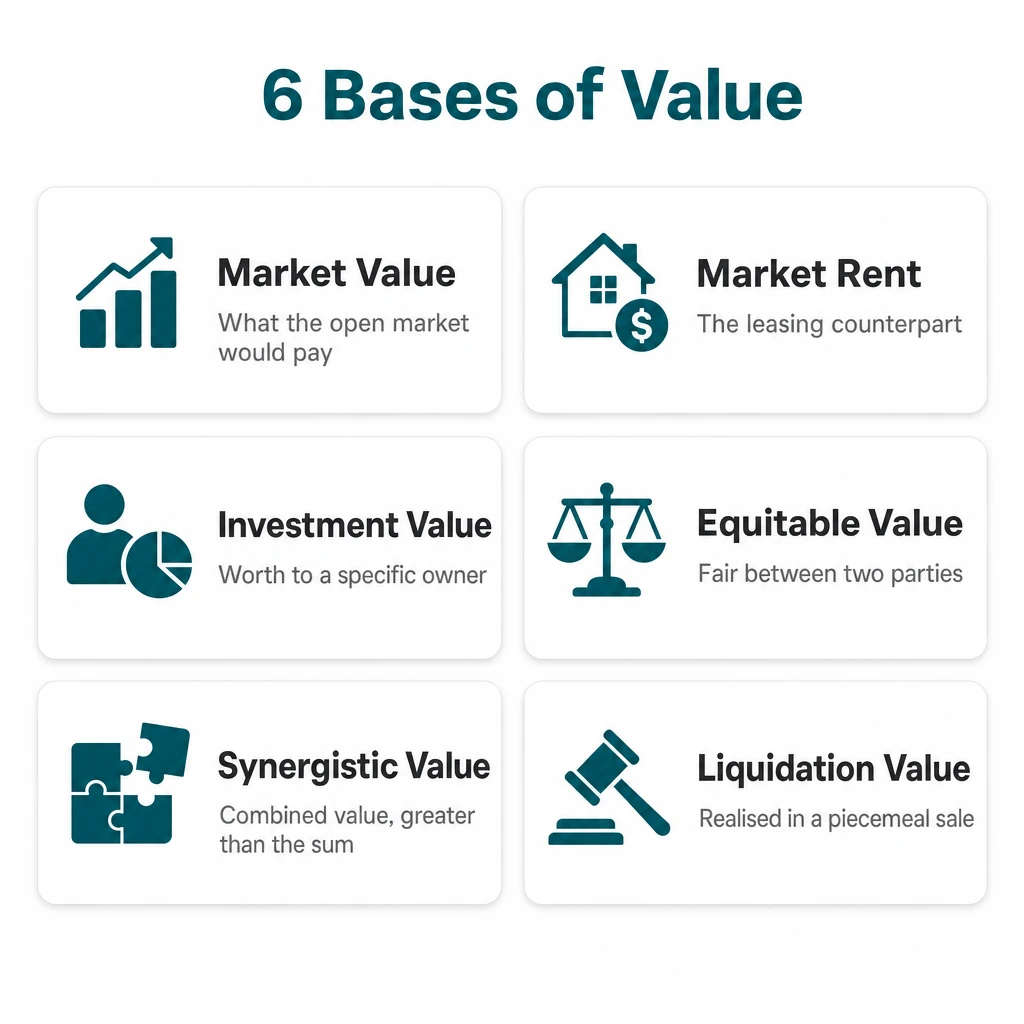 Reference infographic of the six IVS bases of value: Market Value (open-market exchange), Market Rent (leasing counterpart), Investment Value (worth to a specific owner), Equitable Value (between two identified parties), Synergistic Value (combined value greater than the sum), Liquidation Value (piecemeal or forced sale)