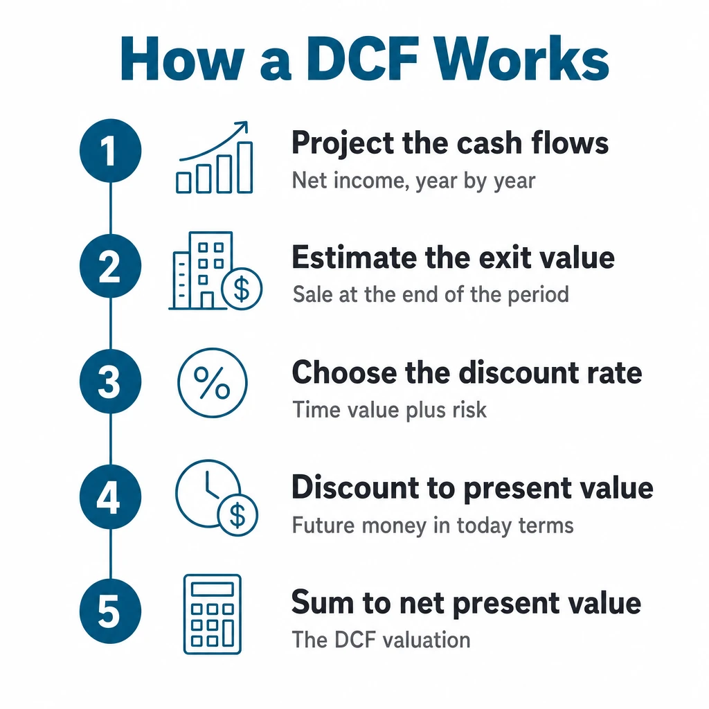 Infographic of the five steps of a discounted cash flow valuation: 1 project the cash flows, 2 estimate the exit value, 3 choose the discount rate, 4 discount each amount to present value, 5 sum to the net present value