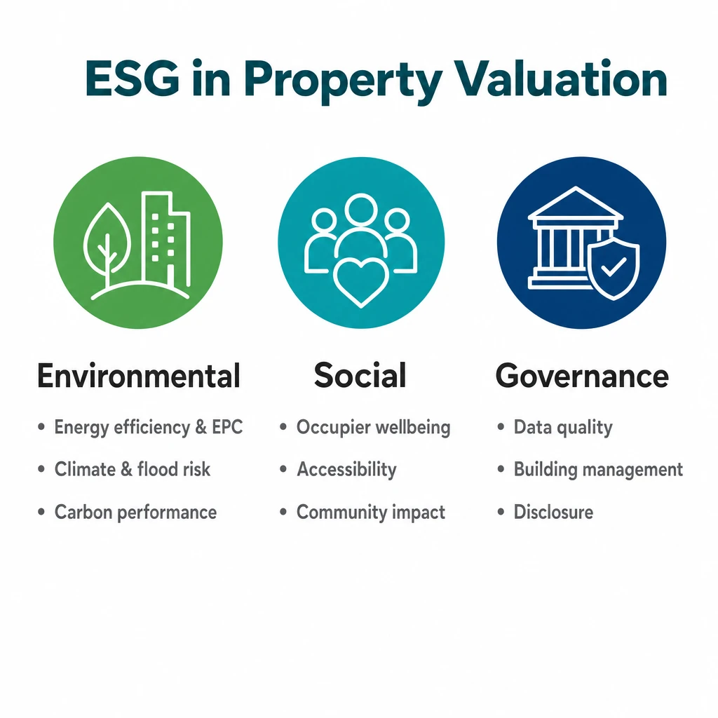 Infographic of the three ESG pillars in property valuation: Environmental (energy efficiency, climate risk, carbon), Social (occupier wellbeing, accessibility, community), Governance (data quality, management, disclosure)