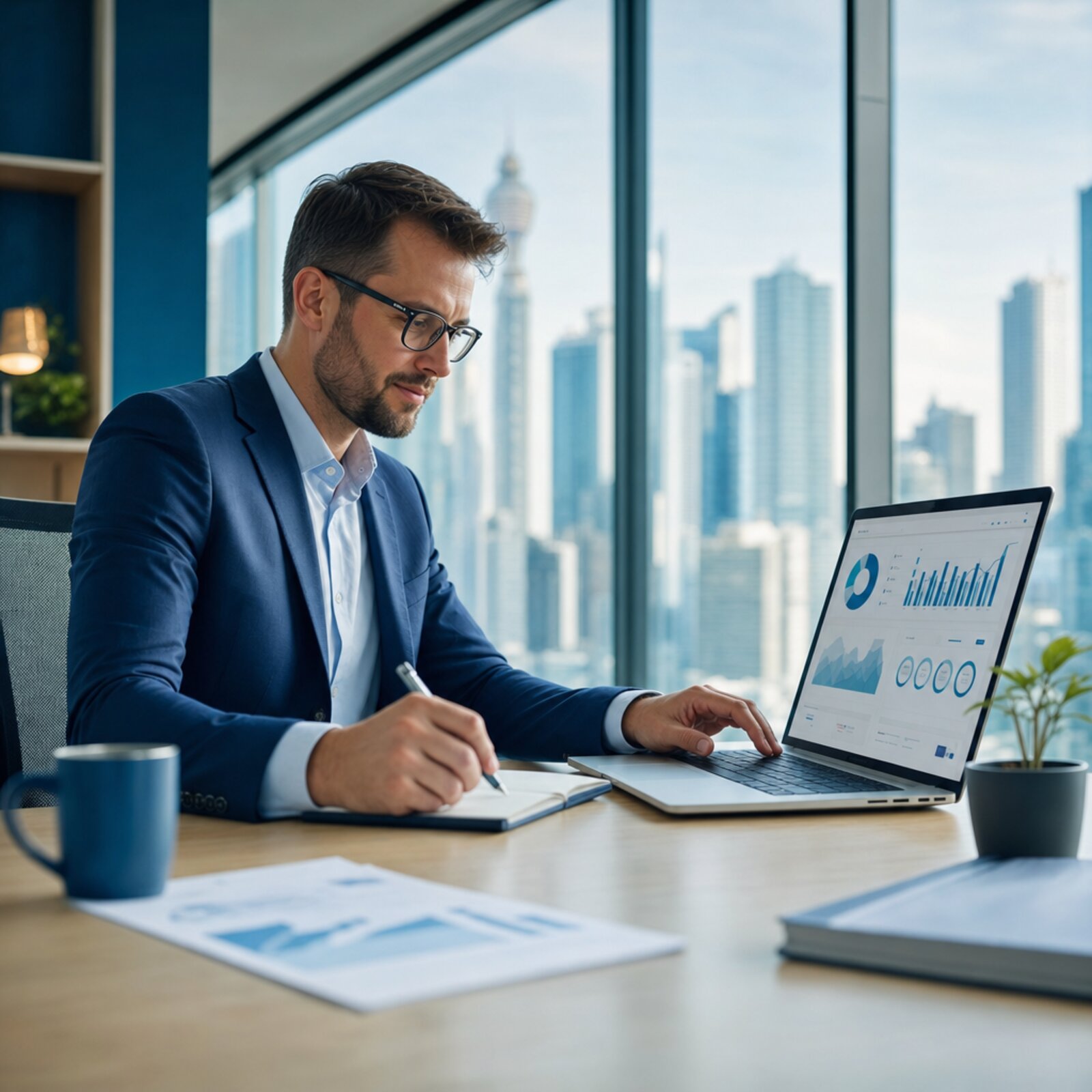A property valuer working with modern digital tools and data, a city skyline behind, looking confidently to the future of the profession