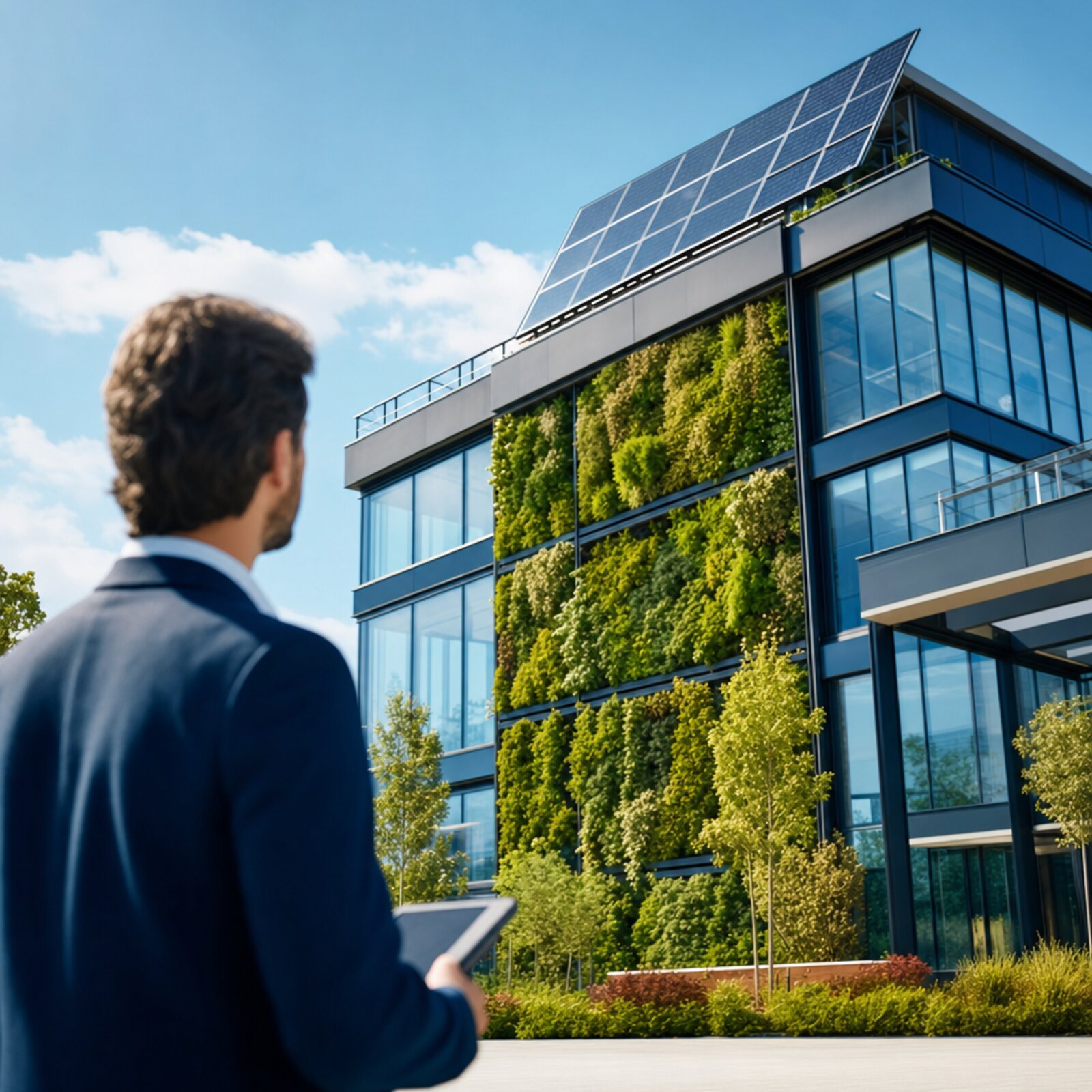 A property valuer assessing a modern energy-efficient commercial building with greenery and sustainable design features