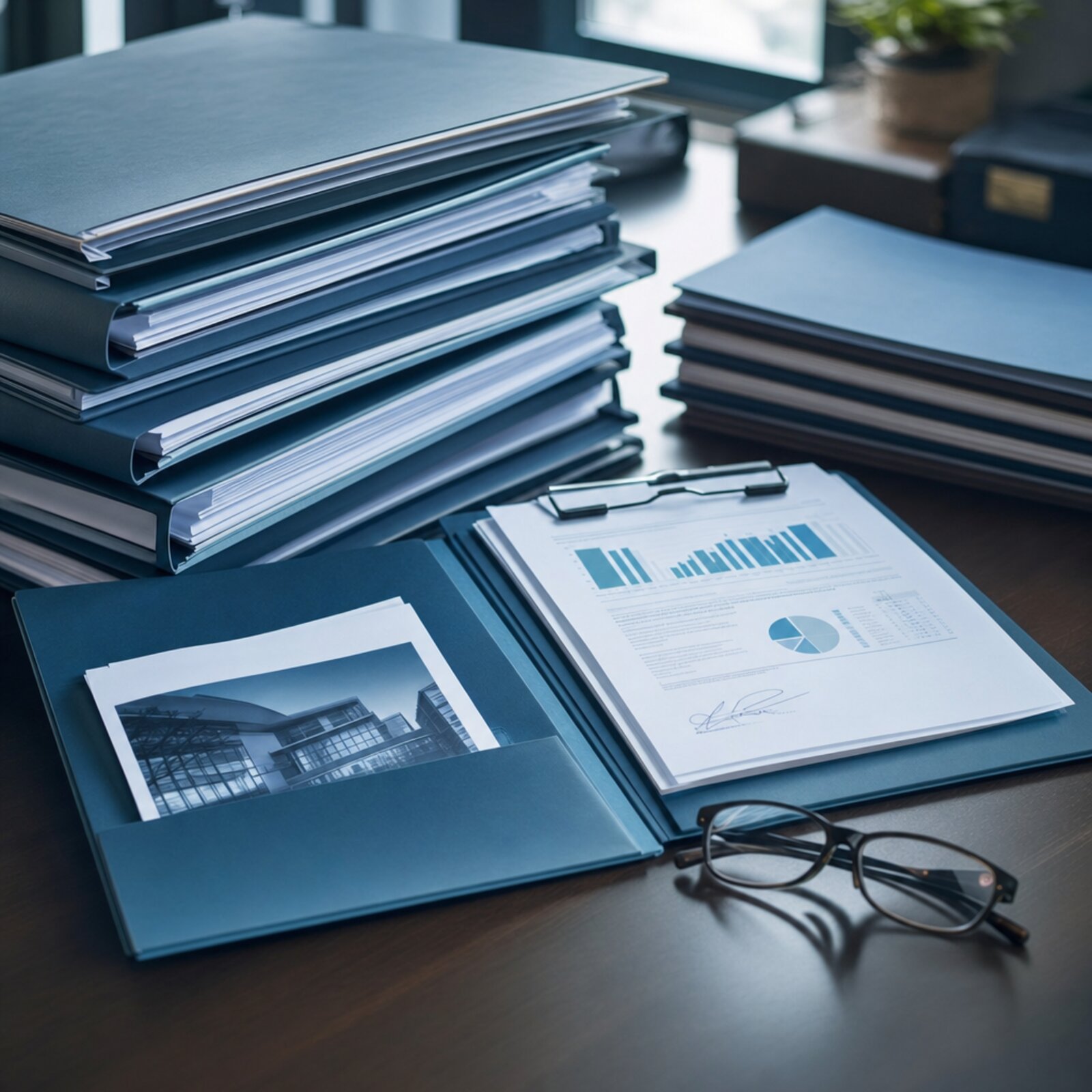 Organized valuation case files and reports on a desk — the audit trail that demonstrates Red Book compliance