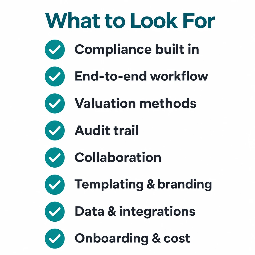 Infographic checklist of what to look for in property valuation software: standards compliance built in, end-to-end workflow, valuation methods supported, audit trail, collaboration, templating and branding, data and integrations, onboarding and total cost