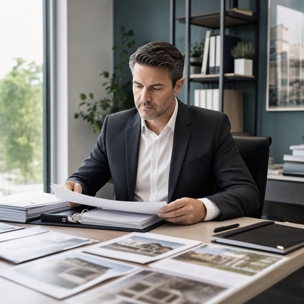 A property valuer reviewing an organised case file of engagement documents, inspection records and comparable evidence at a desk