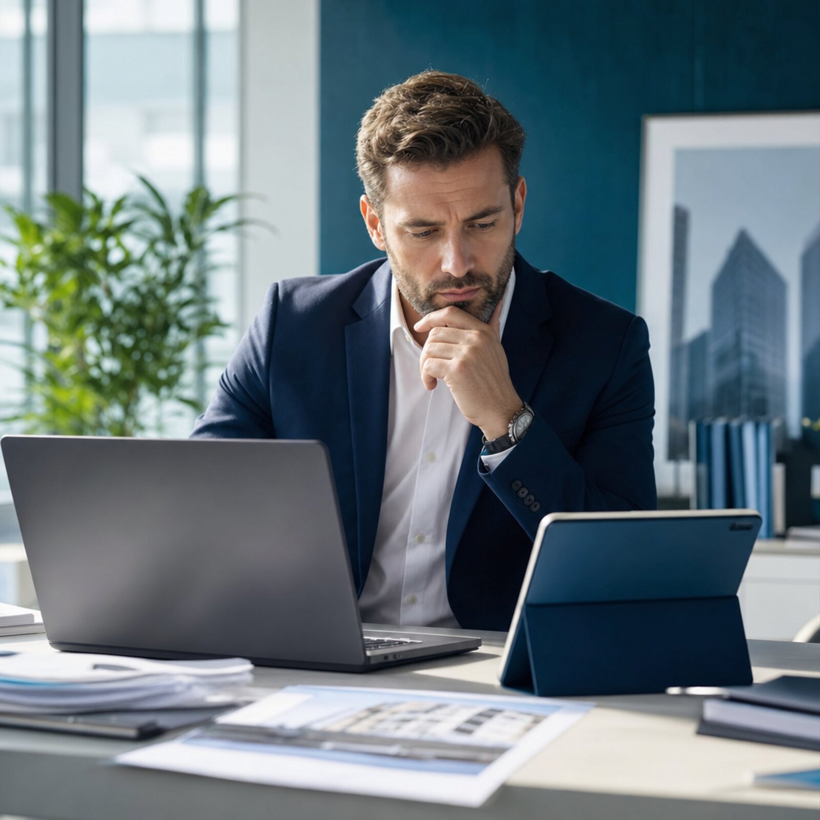 A property valuer evaluating valuation software options on a laptop, weighing the criteria that matter for their practice