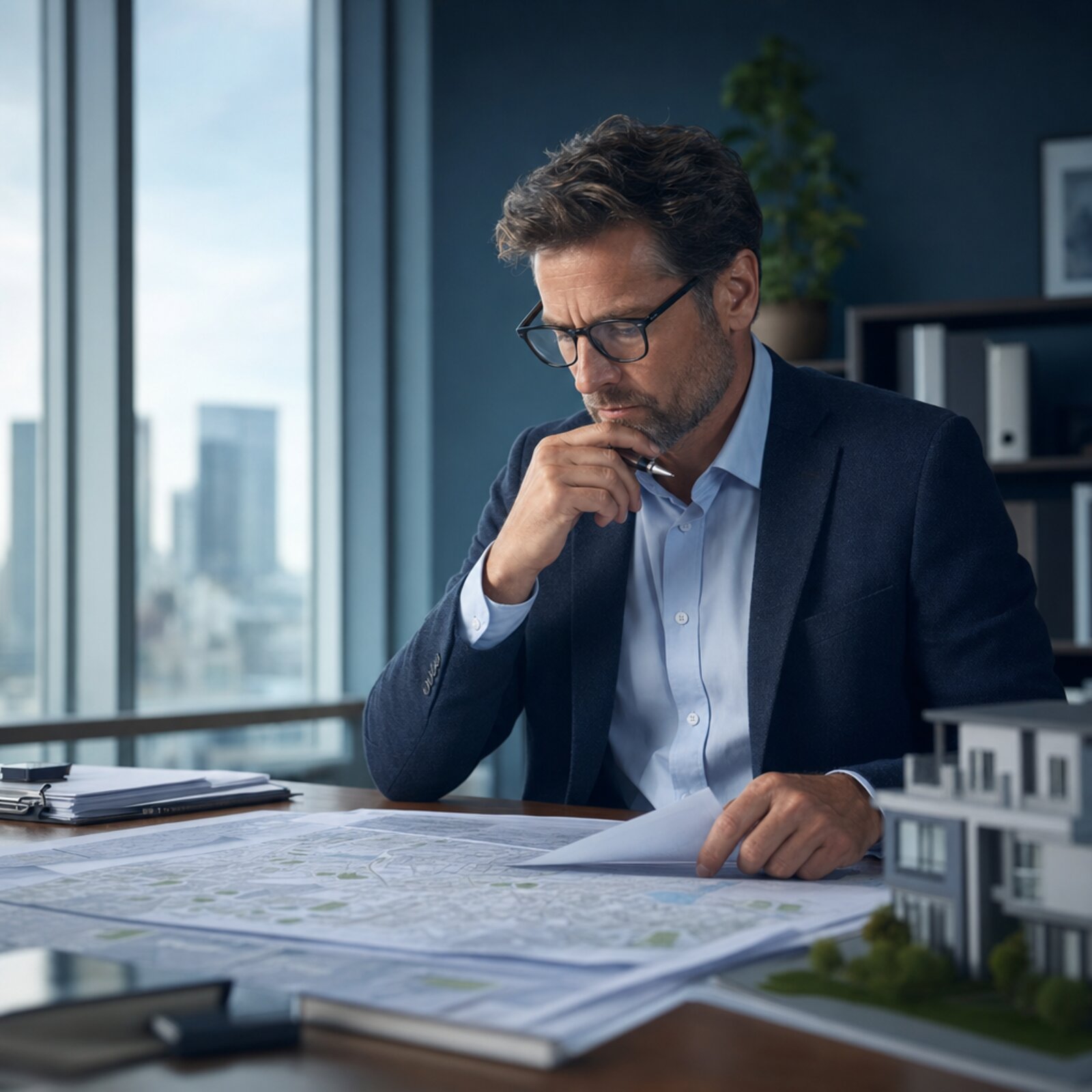 A property valuer studying a building and its surroundings, weighing the appropriate basis of value for the assignment