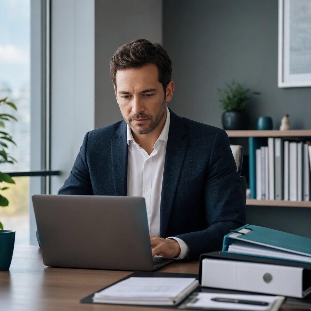 A property professional reviewing data security and access controls for confidential valuation files on a laptop in a modern office
