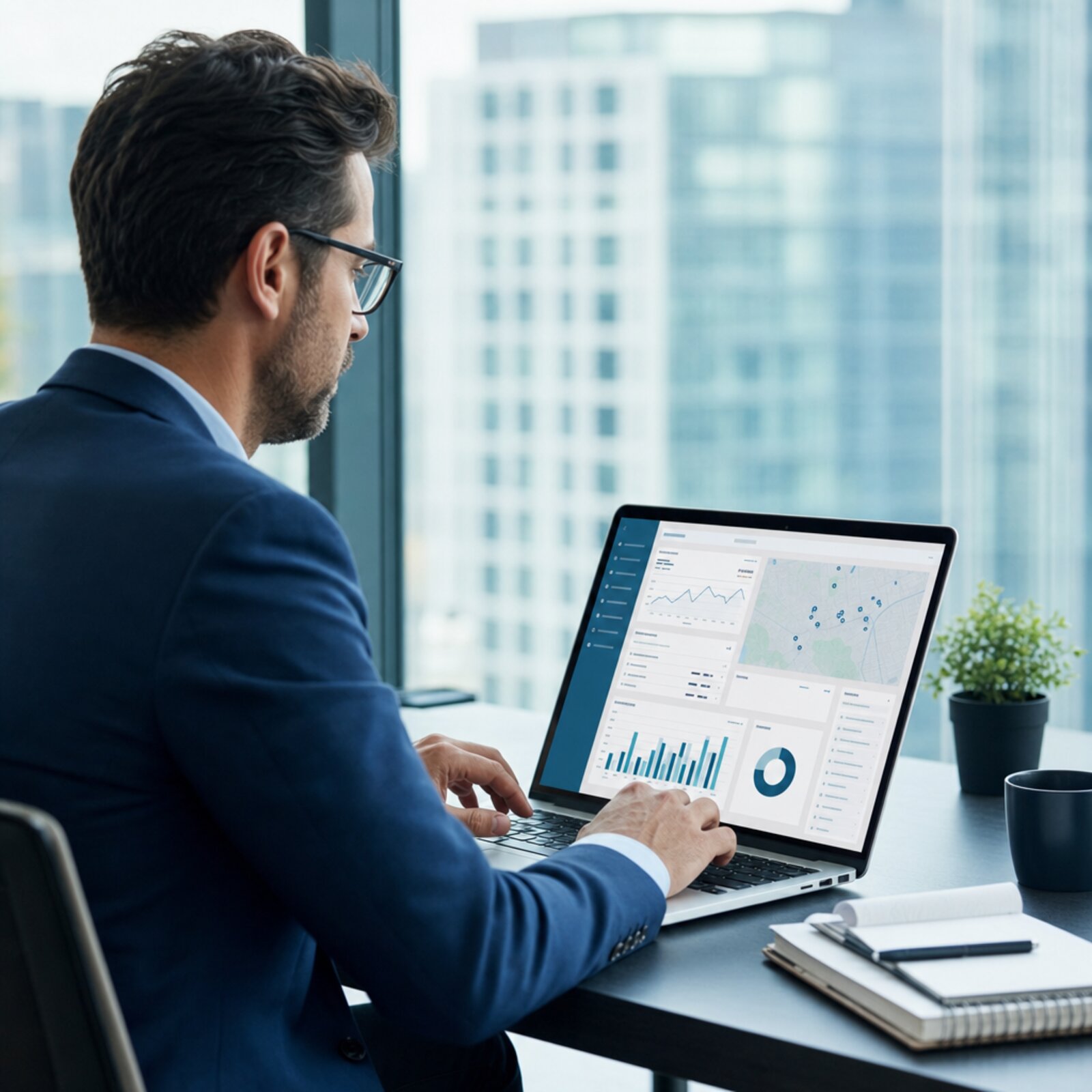 A property valuer working on a structured valuation platform on a laptop, with organized data and a property report on screen, calm modern office